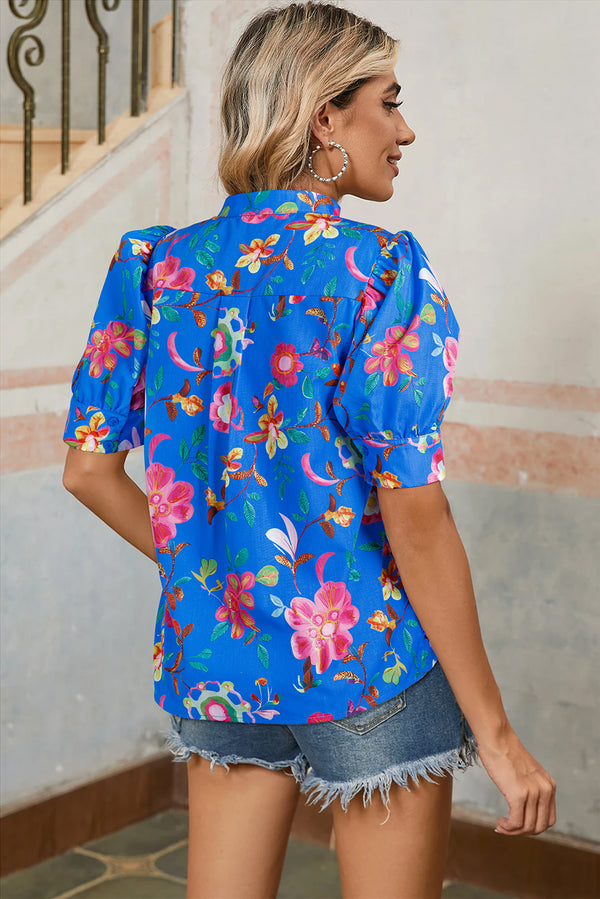 Floral Short Puff Sleeve Button Up Shirt