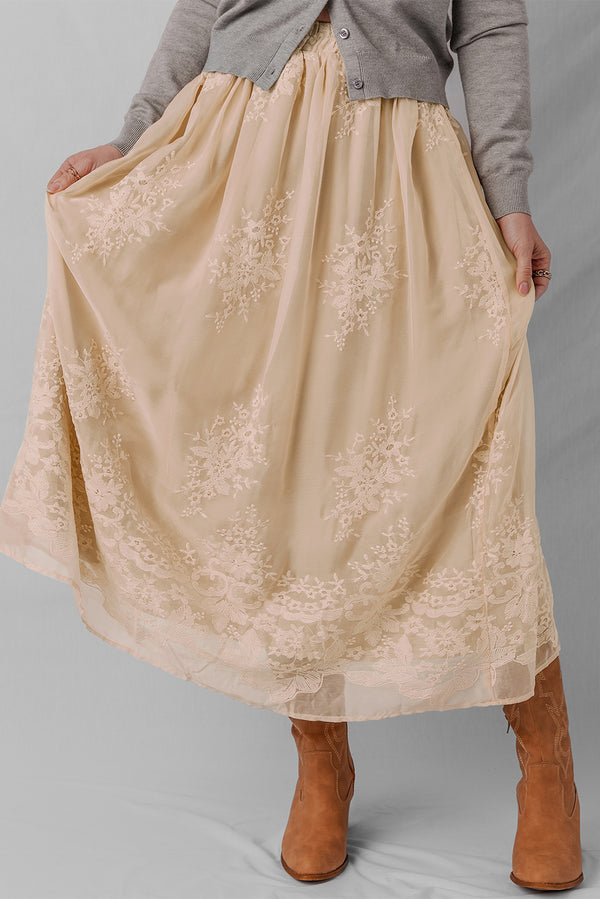 Embroidered Mesh Overlay Flowy Long Skirt