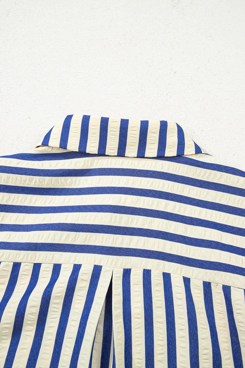 Stripe Collared Half Button Side Pockets Loose Fit Mini Dress