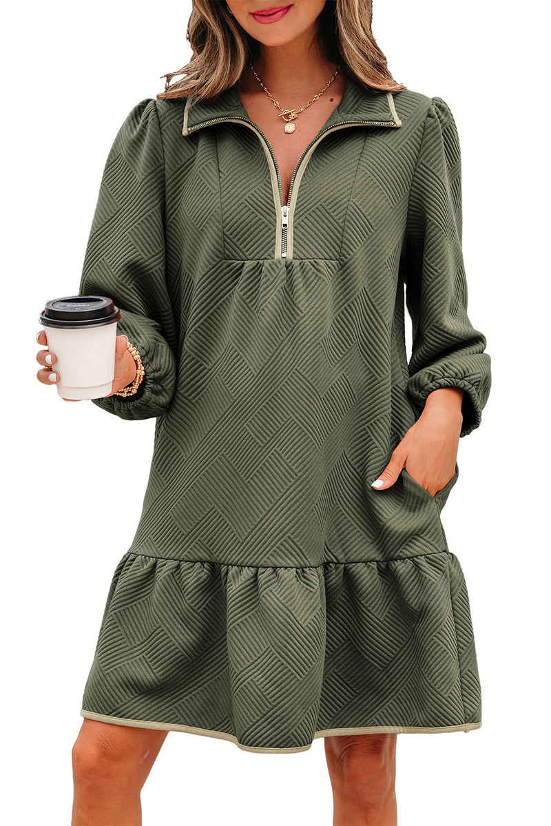 Quarter Zip Collar Bracelet Sleeve Textured Mini Dress