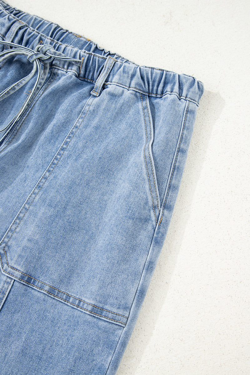 Drawstring Seam Detail Raw Hem Wide Leg Denim Pants
