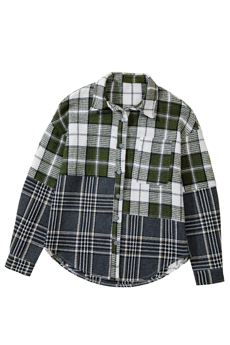 Plaid Print Textured Knit Buttoned Shacket