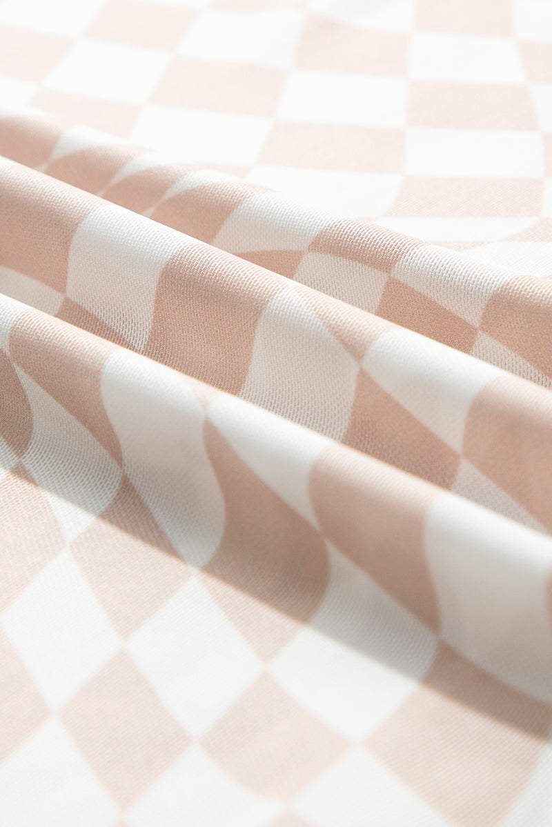 Checkered Pattern Mesh Mock Neck Long Sleeve Top