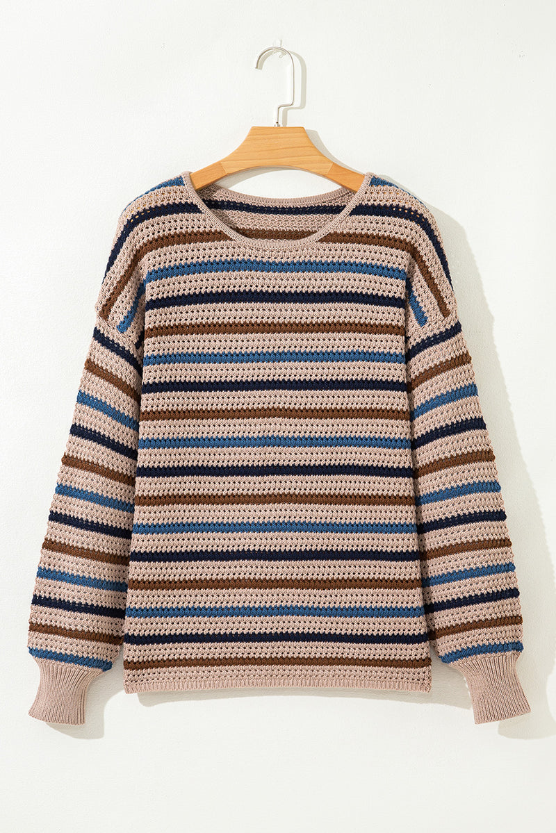 Multicolour Striped Knitted Drop Shoulder Round Neck Sweater