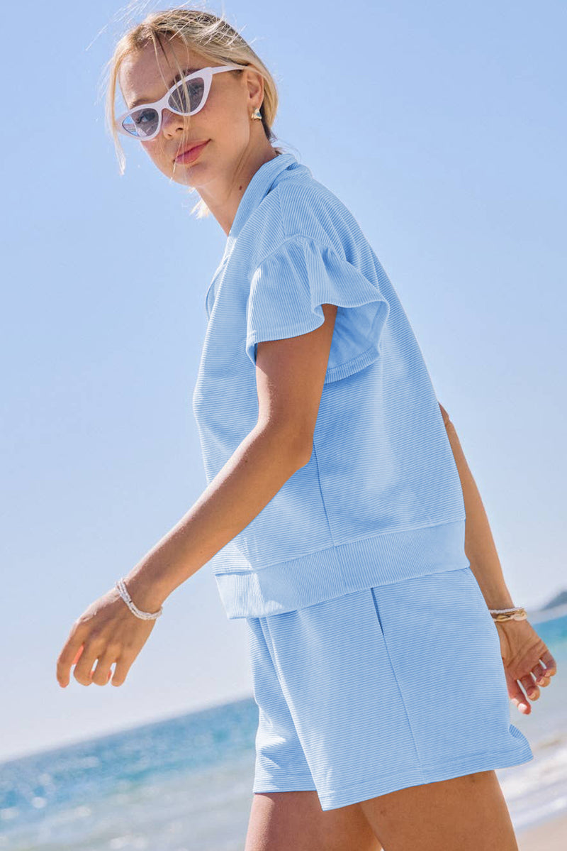 Ribbed Texture Half Zip Ruffled Short Sleeve Top and Shorts Set