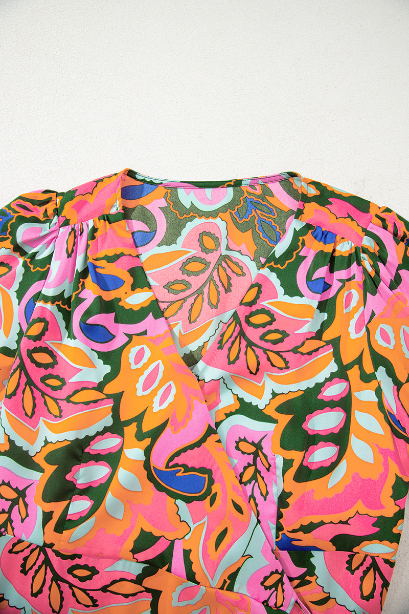 Summer Plant Print Surpliced V Neck Ruffled Asymmetric Slit Wide Short Sleeve Maxi Dress