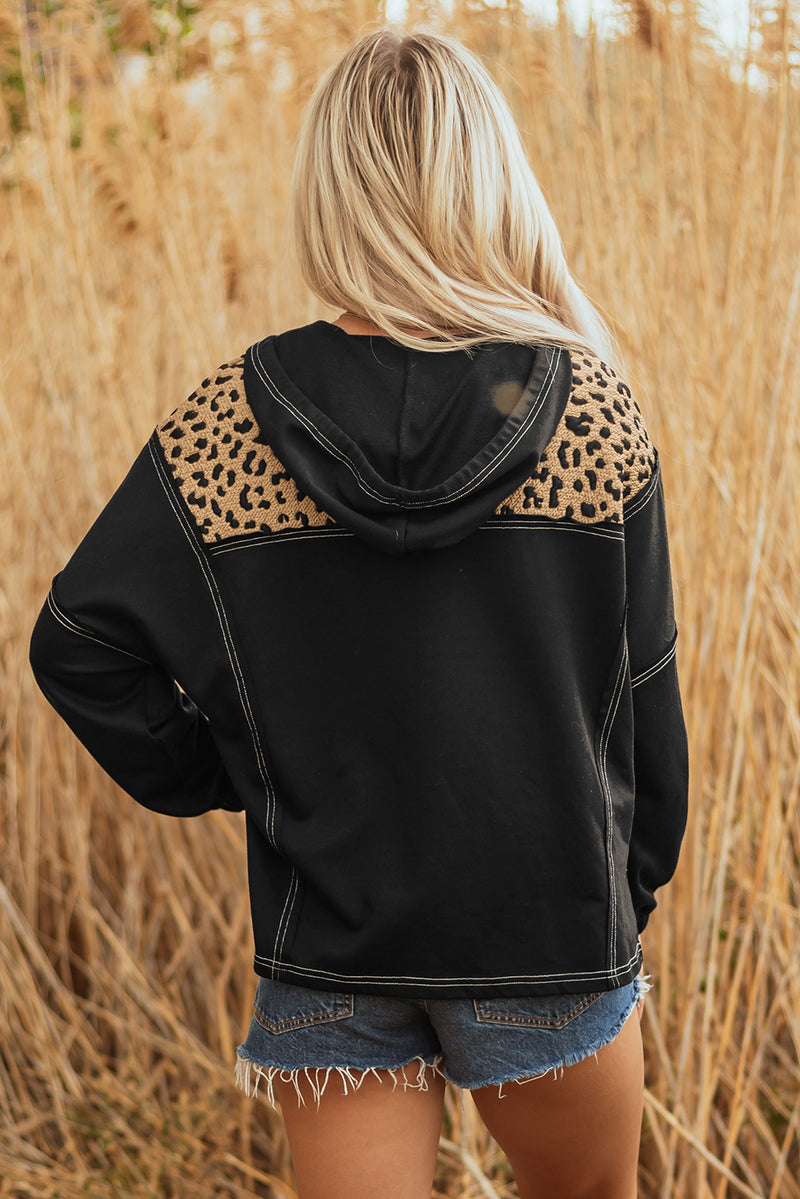 Leopard Patchwork Contrast Stitching Knotted Cuff Quarter Zip Hoodie