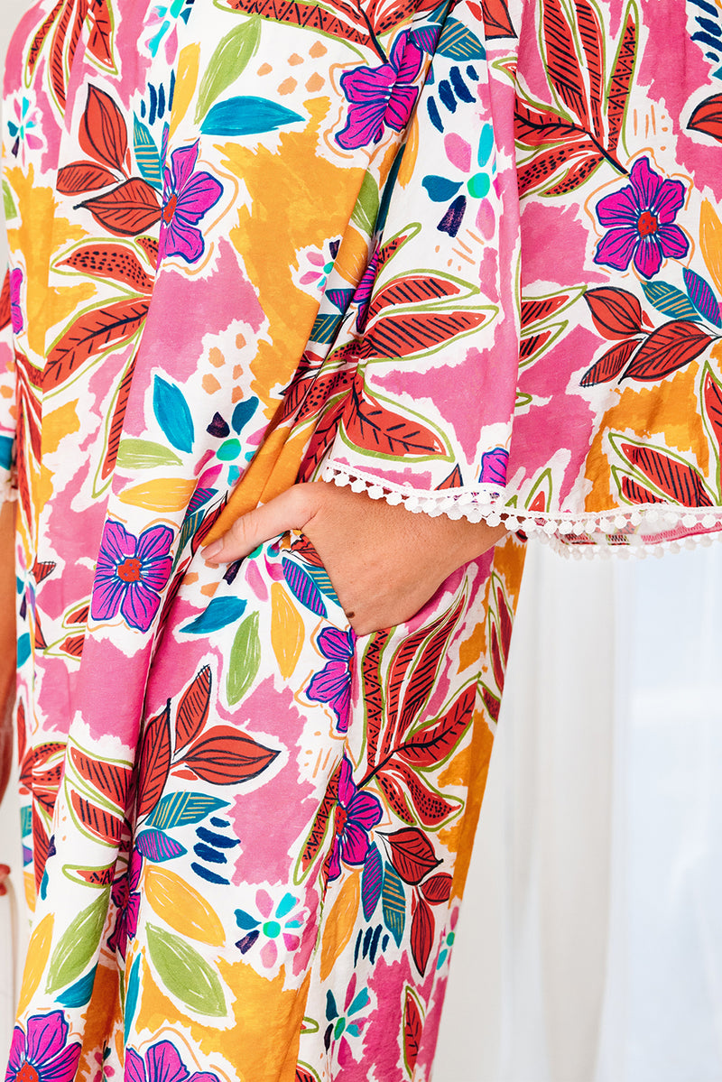 Floral Print Lace Trimmed Tie Back Bell Sleeve Swing Mini Dress