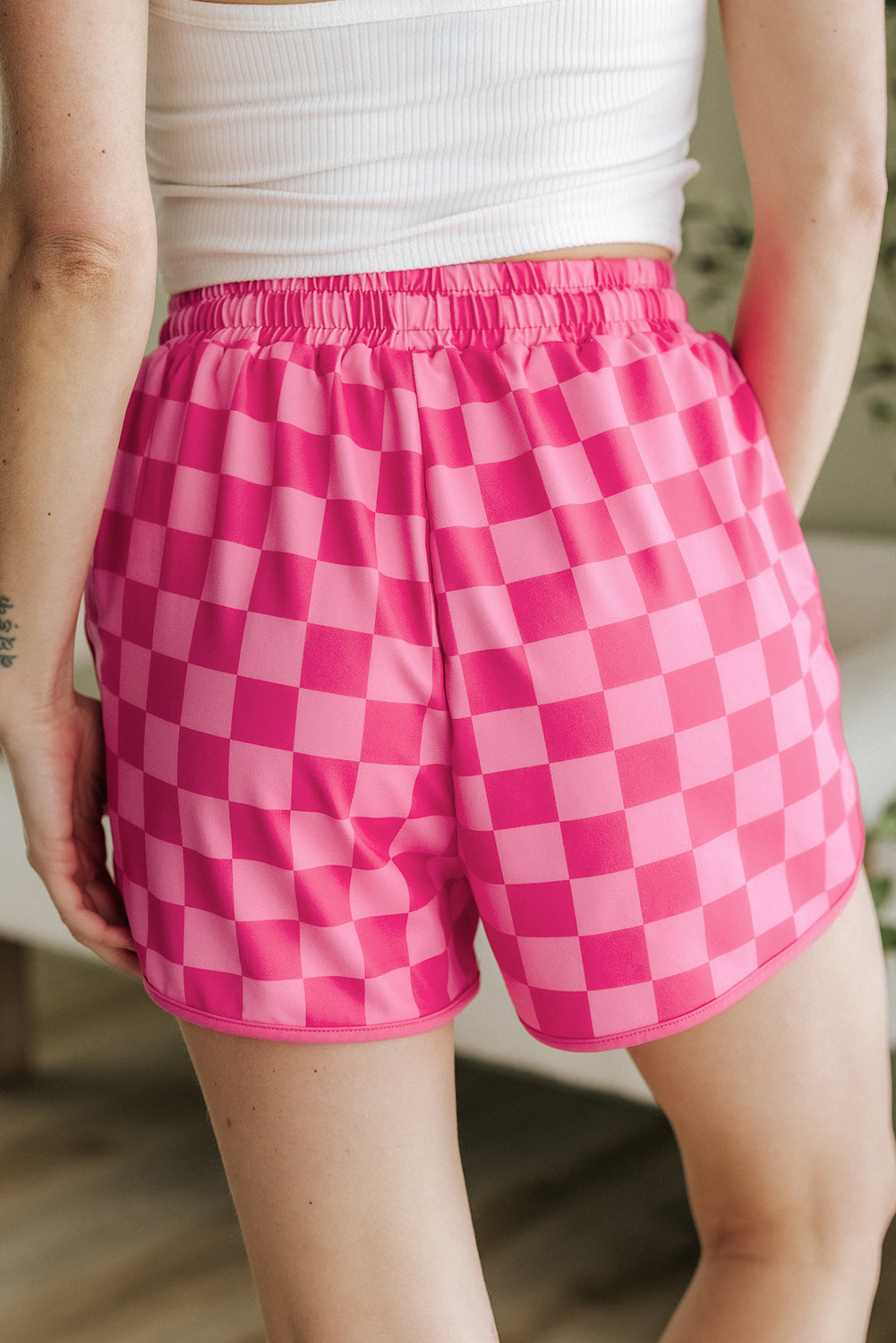 Checkered Drawstring Elastic Waist Casual Shorts