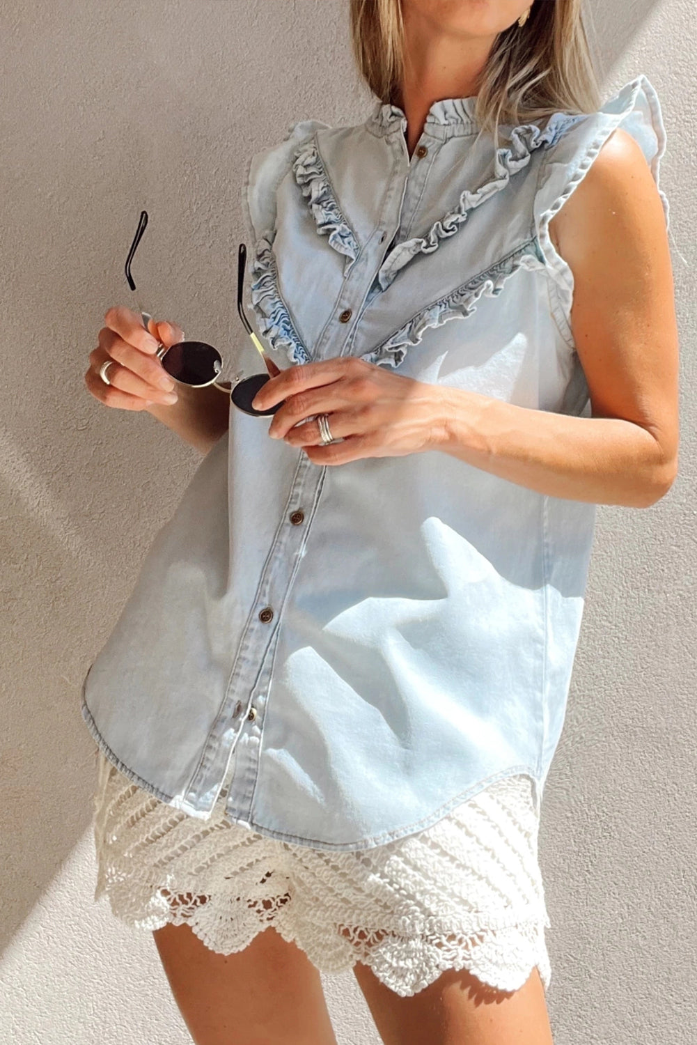 Mineral Wash Frilled Button Up Denim Flutter Shirt