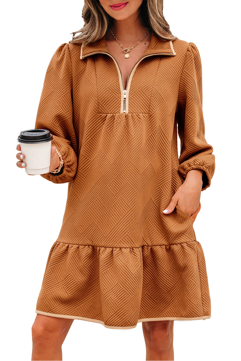 Quarter Zip Collar Bracelet Sleeve Textured Mini Dress