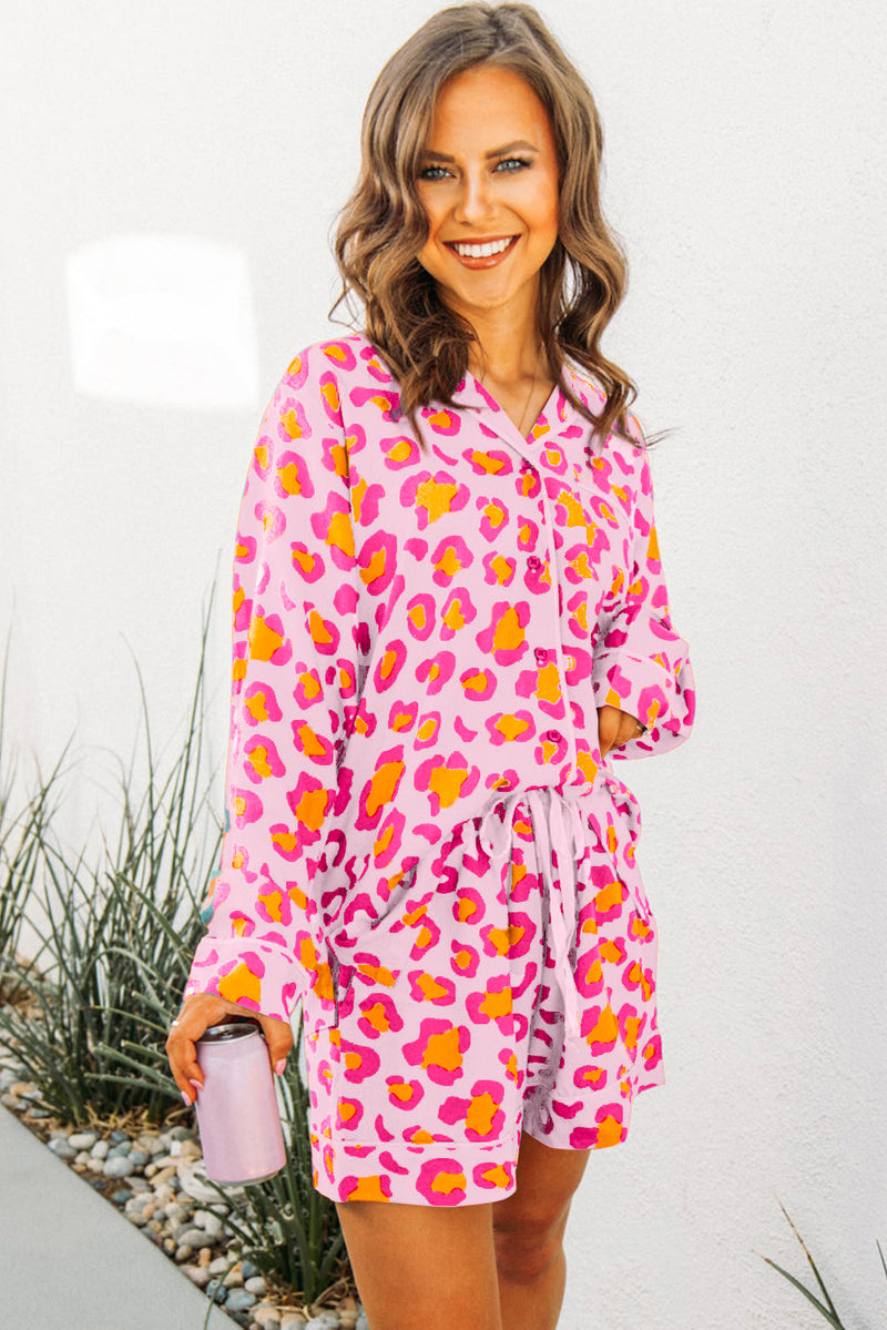 Leopard Print Long Sleeve Shirt and Shorts Pajama Set