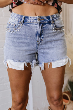 Pearl Studded Pockets Raw Hem Denim Shorts