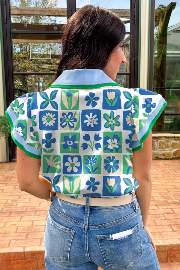 Green Floral Plaid Color block Trim Collar Flutter Sleeve Blouse