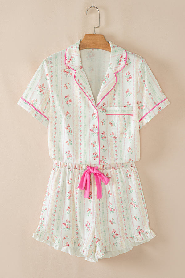 Floral Print Contrast Pipping Short Pajamas Set