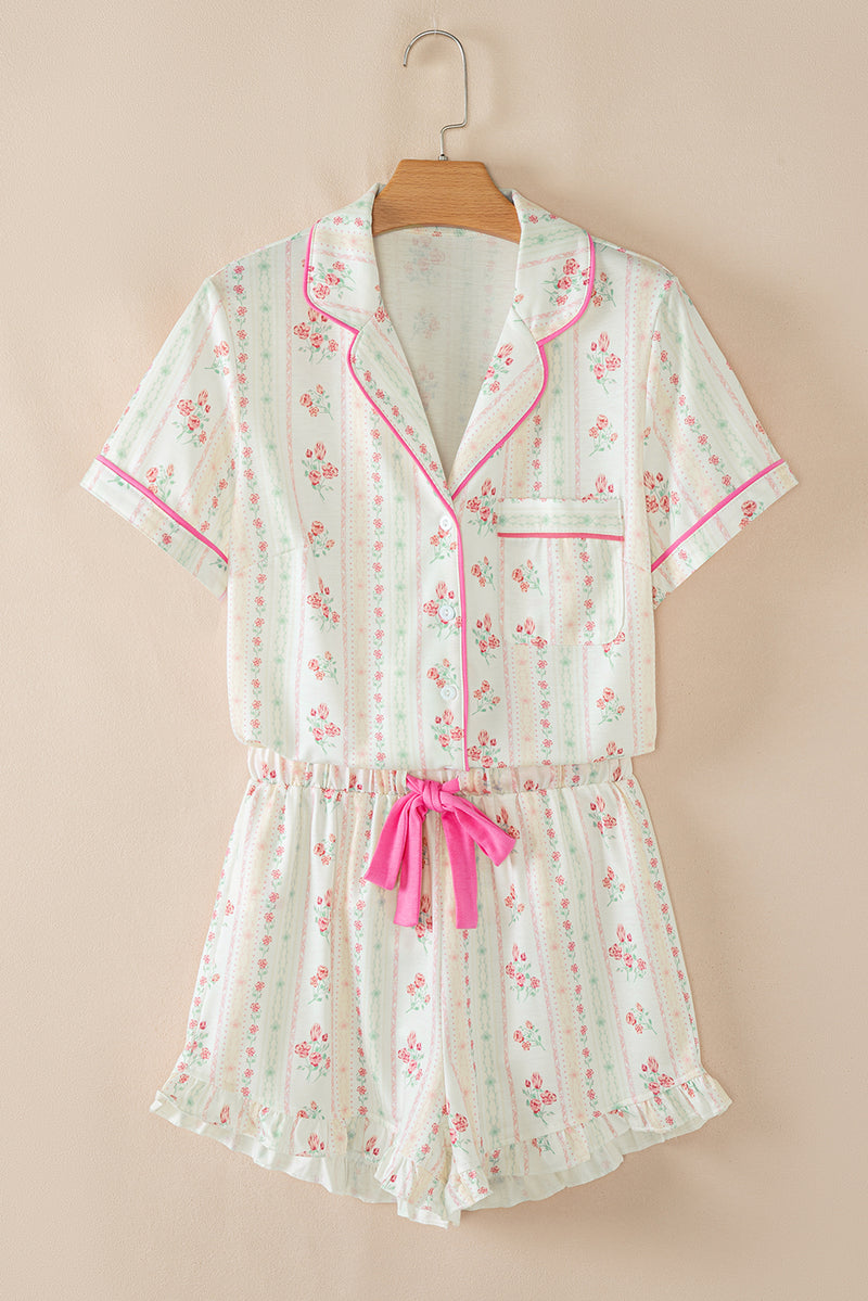 Floral Print Contrast Pipping Short Pajamas Set