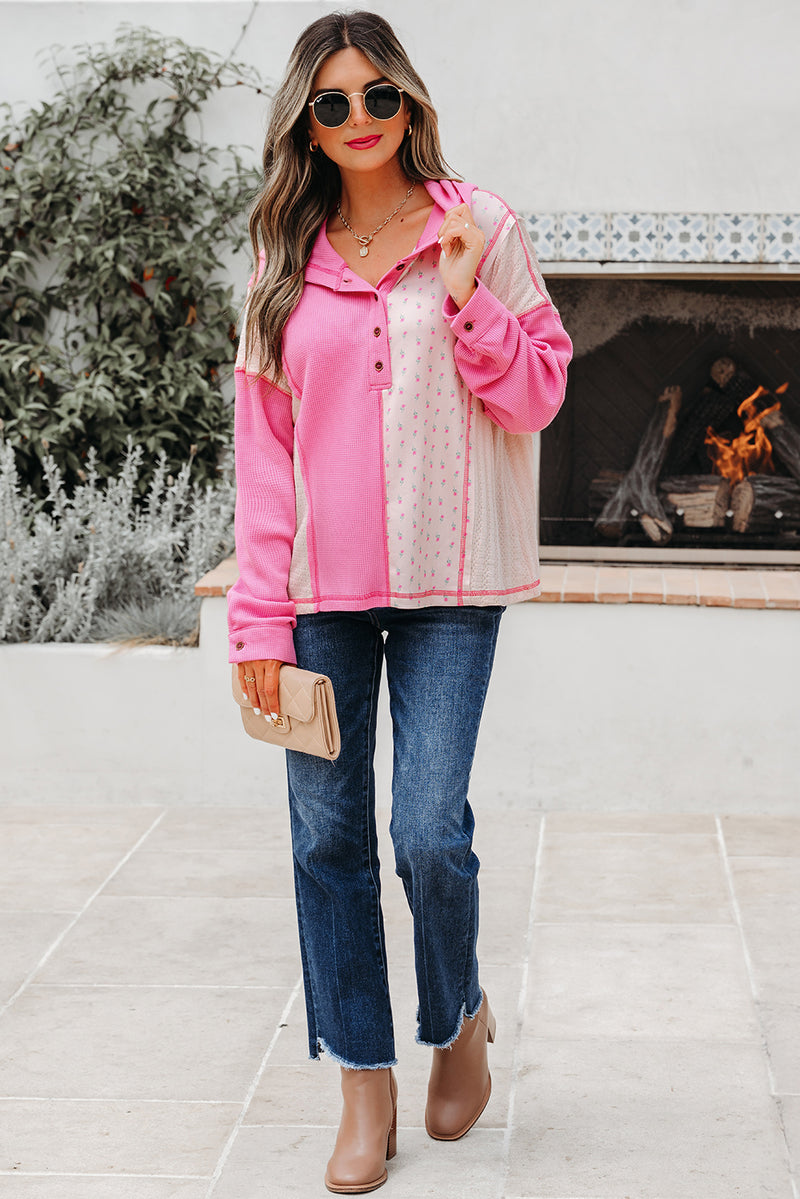 Mixed Texture Waffle Floral Patchwork Hooded Oversize Pullover