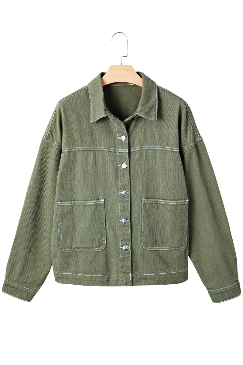 Moss Green Patched Pocket Collared Button Front Boyfriend Denim Jacket
