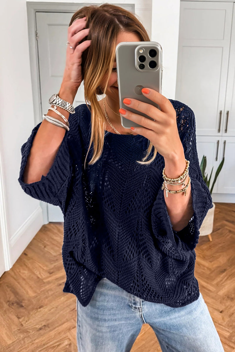 Hollow Out Knit 7/8 Sleeve Casual Sweater