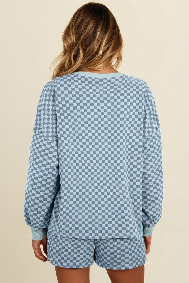 Checkerboard Long Sleeve Pullover and Shorts Set