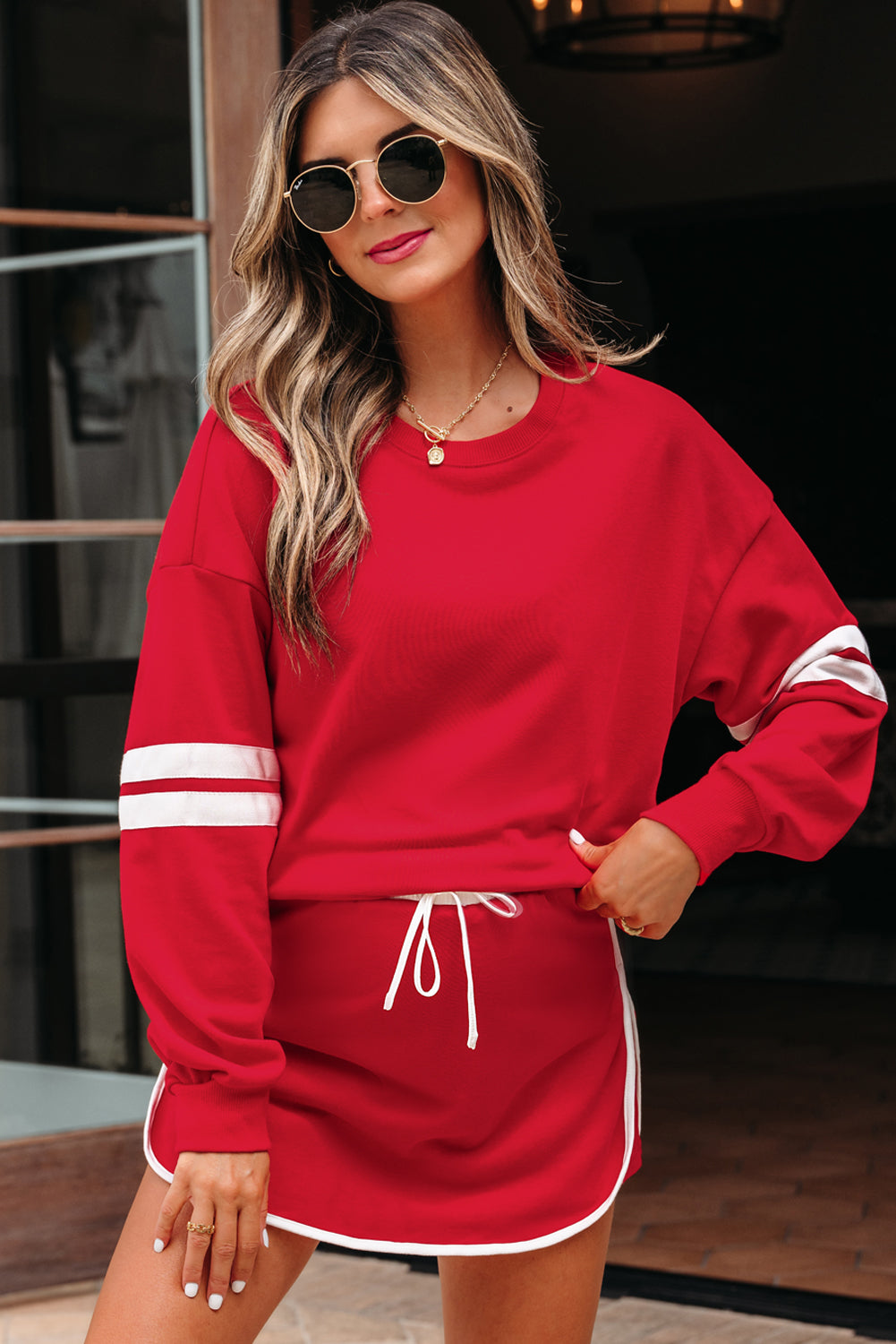 Varsity Stripe Detail Drop Shoulder Pullover Mini Skirt Set