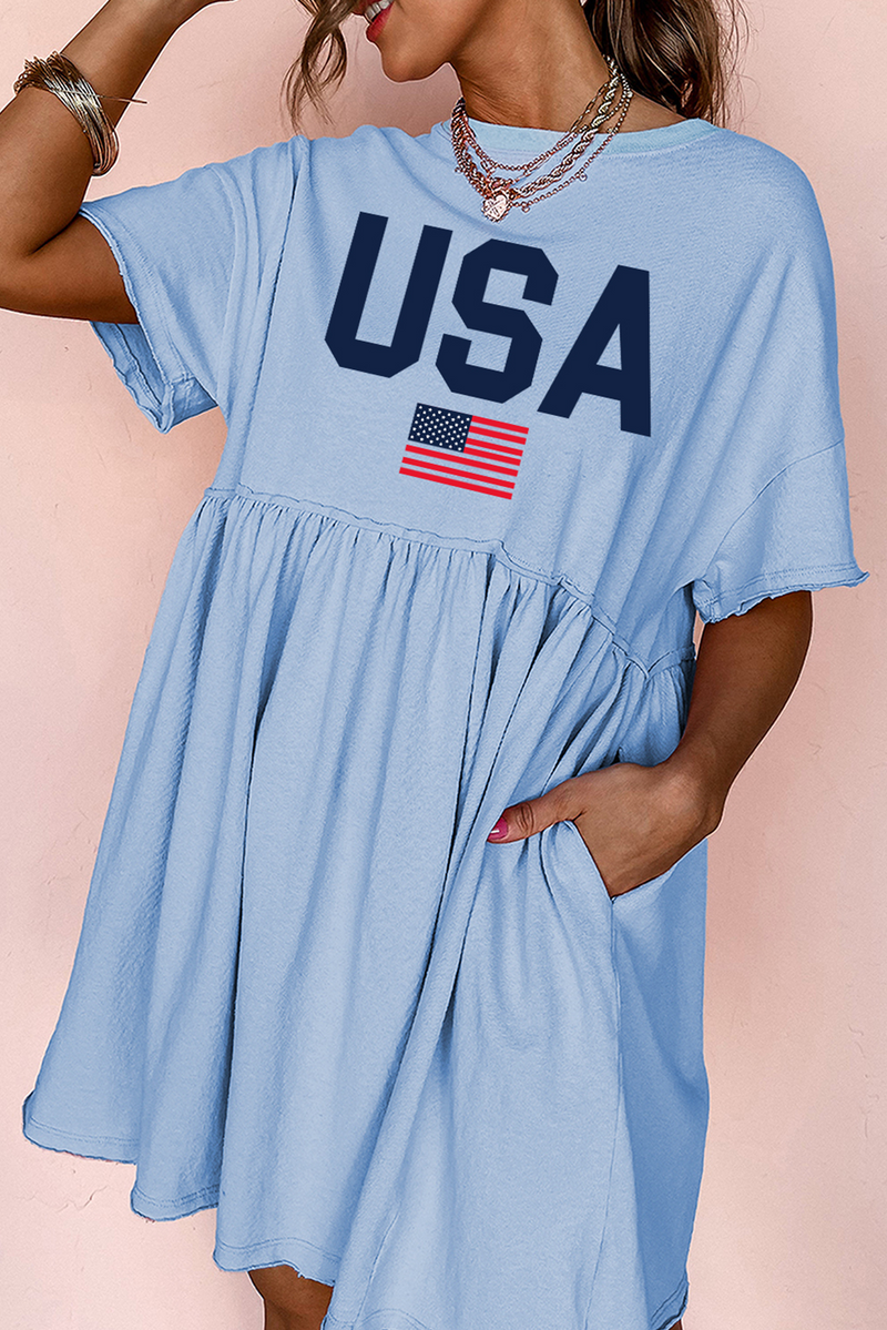 USA Flag Print Short Sleeve High Waist Babydoll Dress
