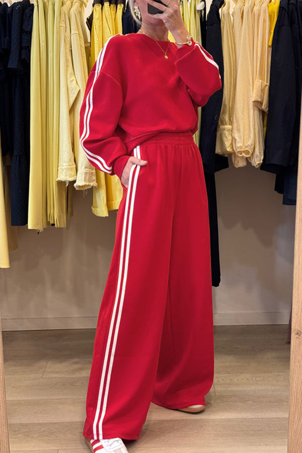 Red Varsity Striped Detail Crewneck Pullover Elastic Sweatpants 2pcs Outfit