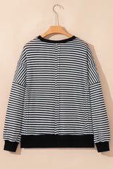 Stripe Ribbed Trim Drop Shoulder Long Sleeve Oversize Top
