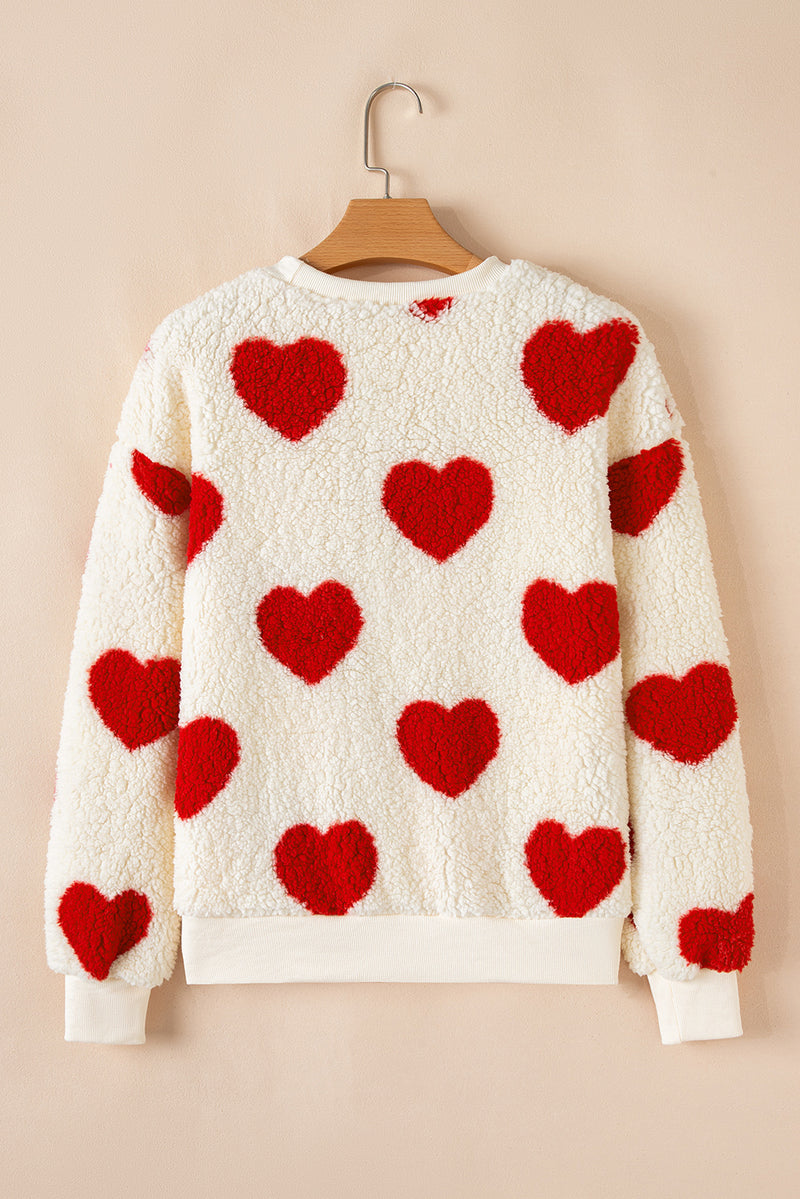 Heart Shape Drop Shoulder Crewneck Plush Sweatshirt