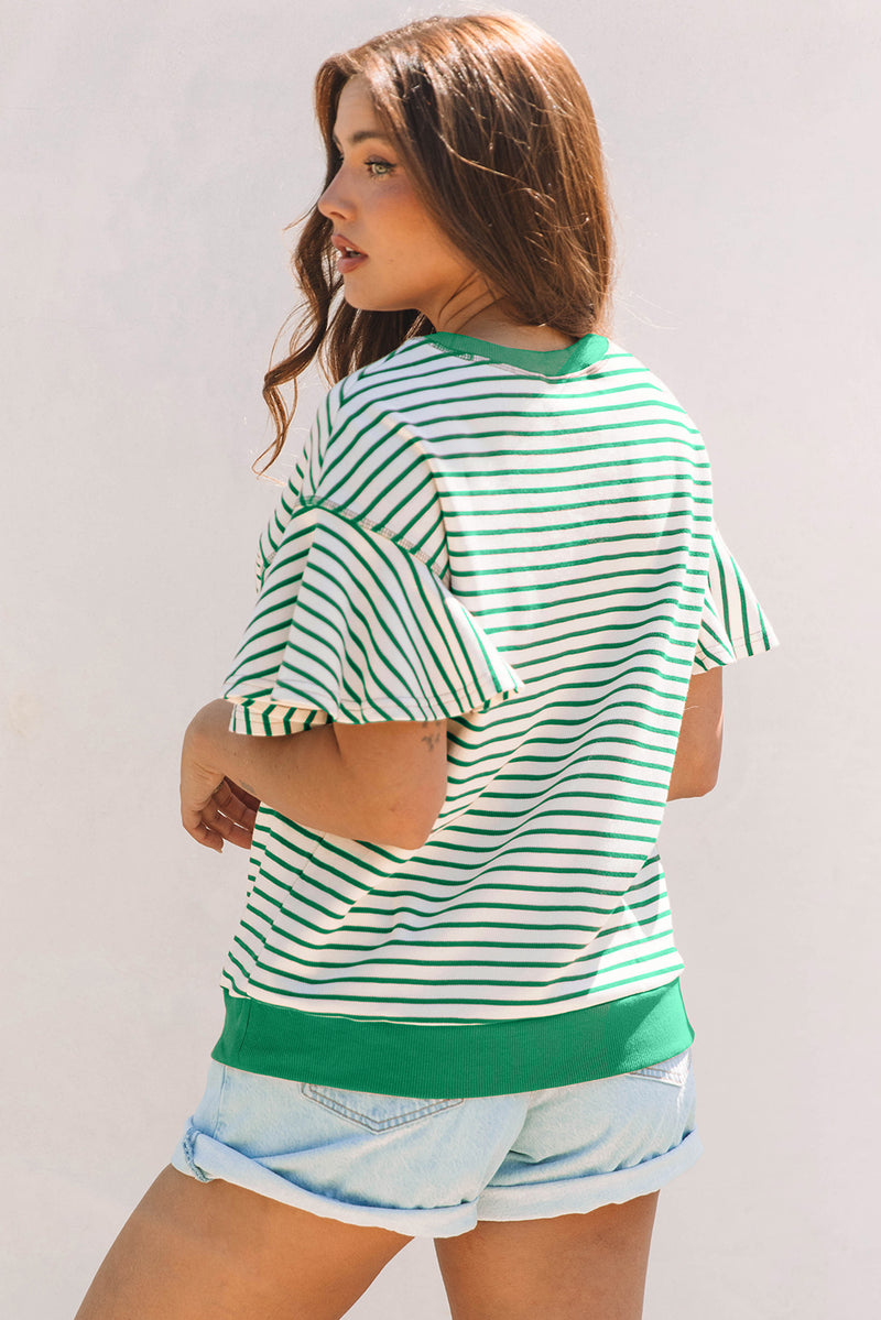 Contrast Detail Striped Ruffle Short Sleeve Top