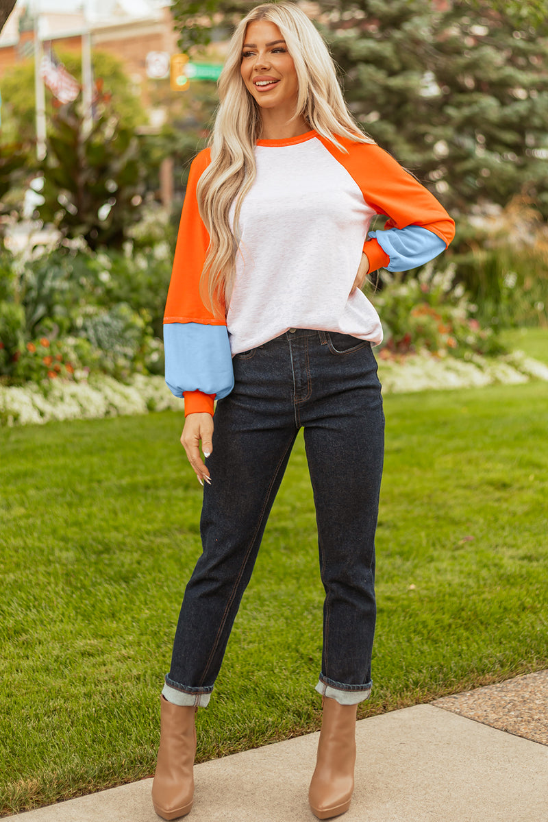 Color Block Raglan Sleeve Contrast Stitching Loose Fit Top