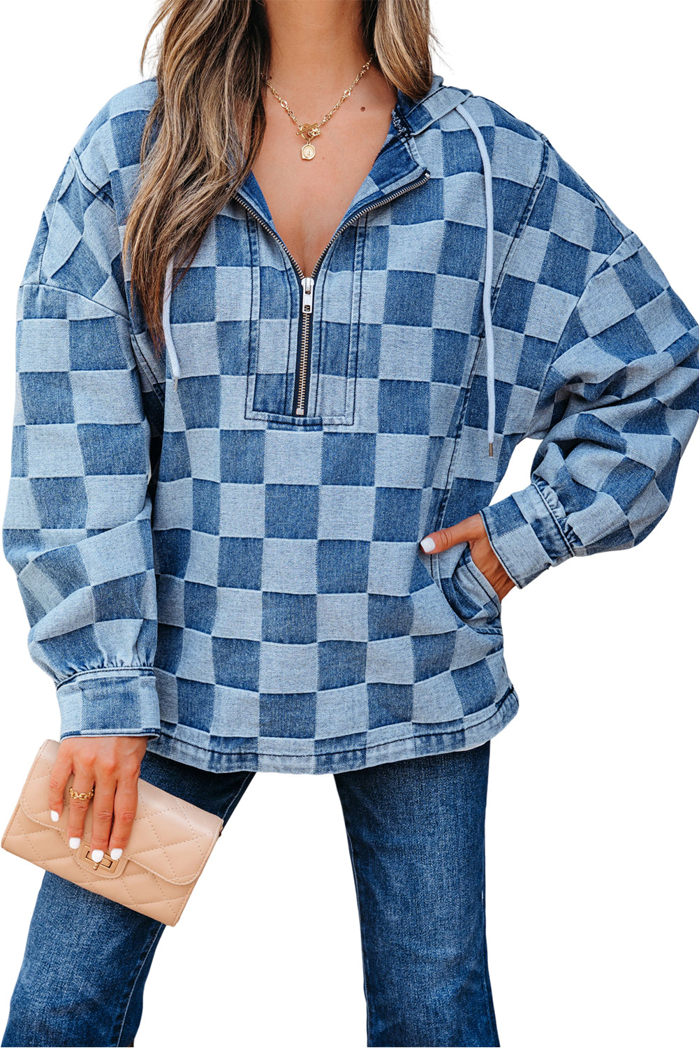 Checkerboard Zipped Neck Kangaroo Pocket Denim Hoodie
