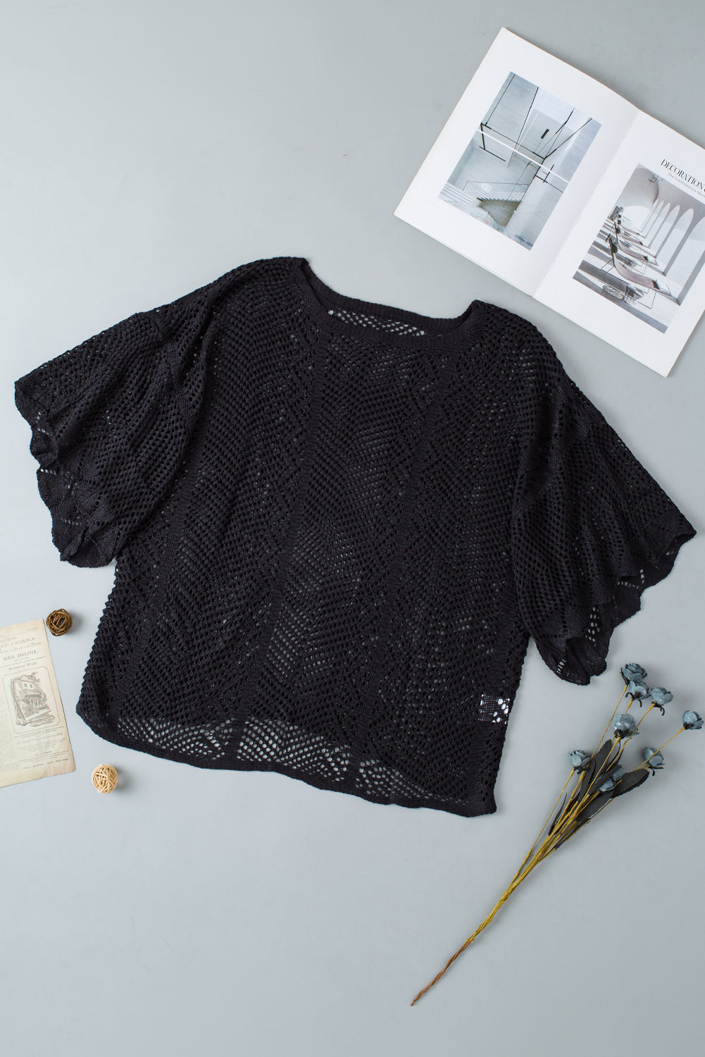 Solid Pointelle Knit Scallop Edge Short Sleeve Top