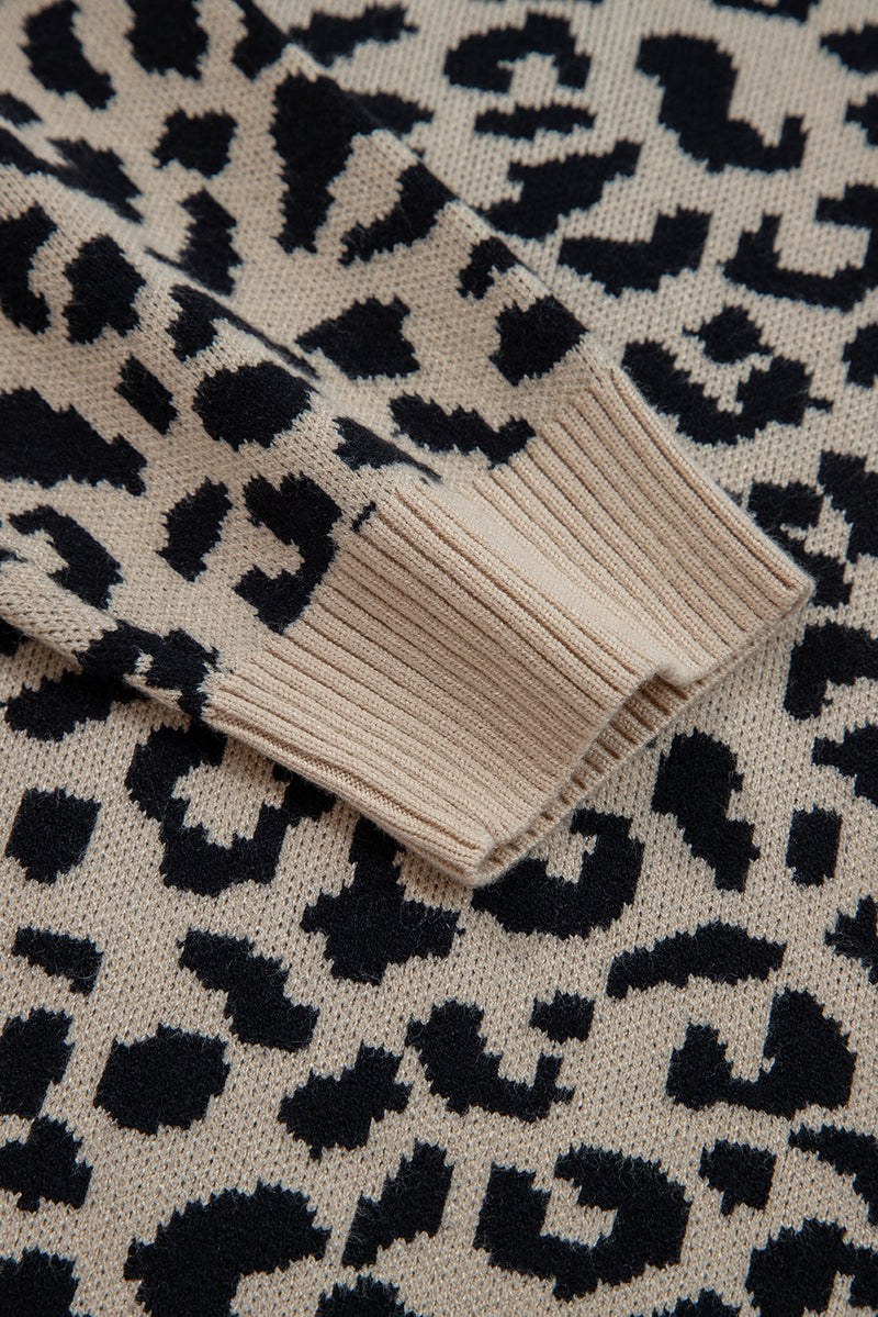 Leopard Drop Shoulder Chunky Knitted Cardigan Sweater