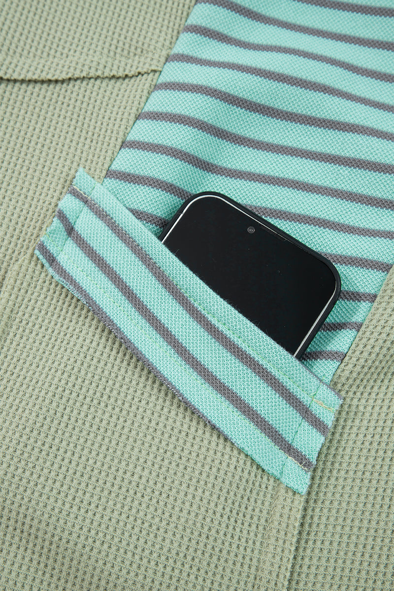 Exposed Seam Waffle Striped Patchwork Baggy Pullover