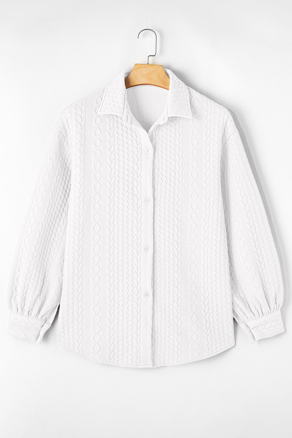 Solid Cable Texture Puff Sleeve Loose Shacket