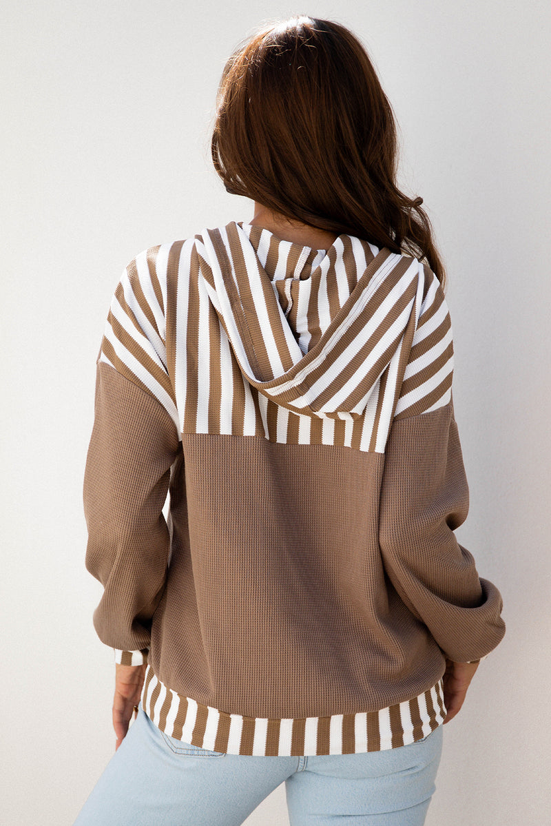 Waffle Texture Striped Patchwork Button Neck Drawstring Hoodie