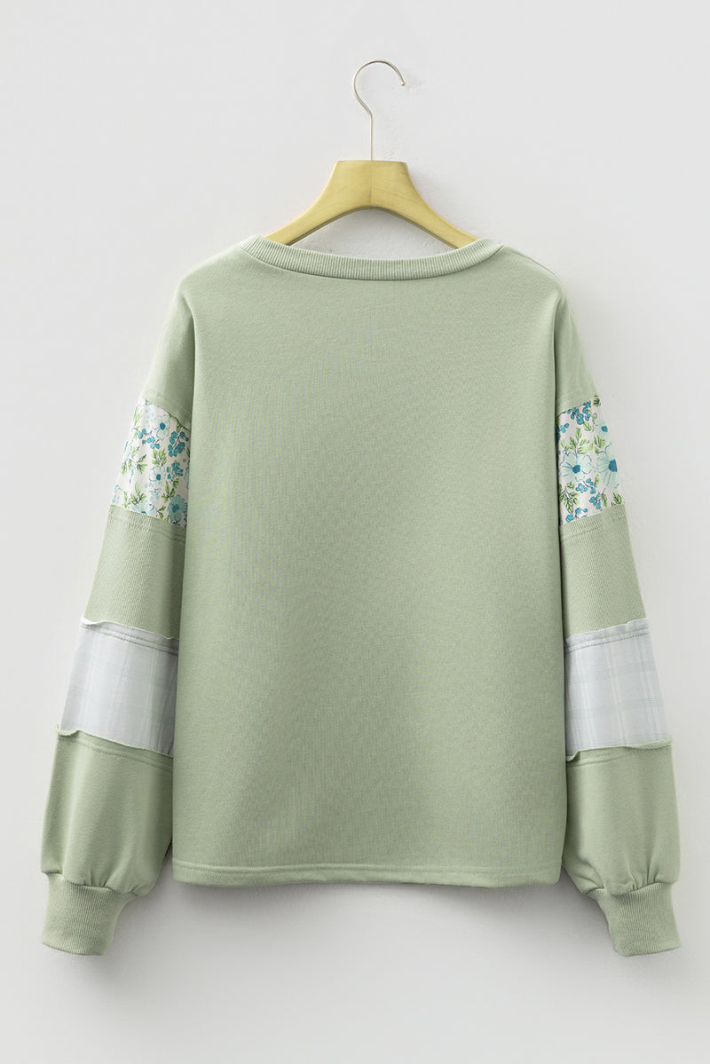 Floral Plaid Mixed Sleeve Raw Edge Relaxed French Terry Top