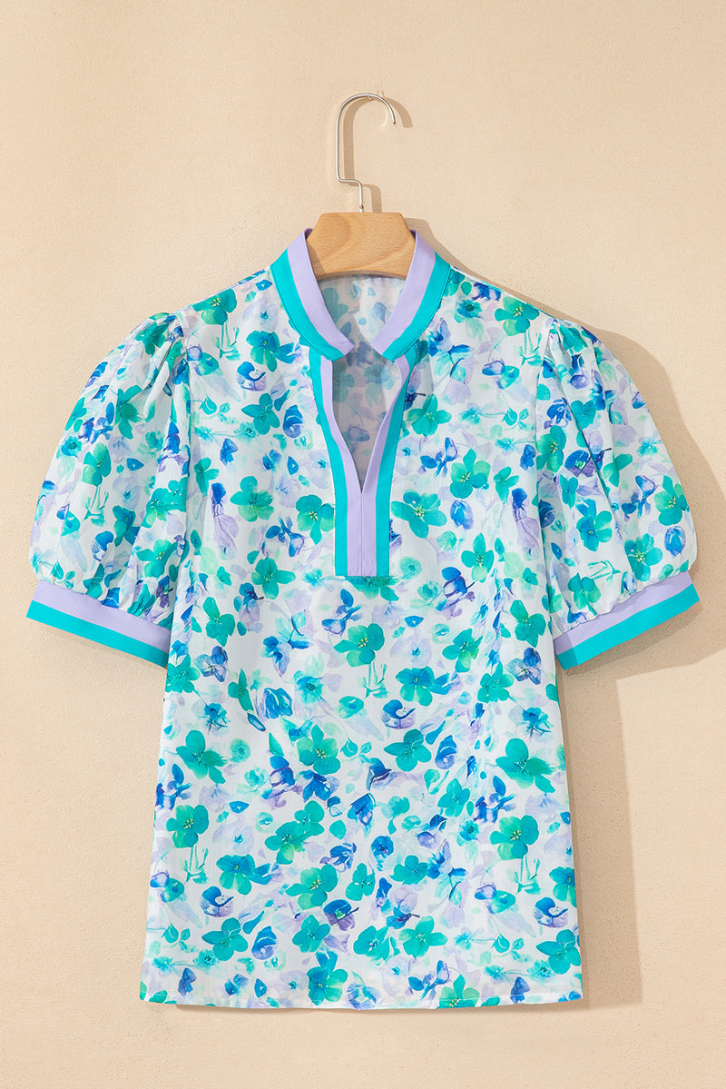 Floral Print Striped Trim Split V Neck Puff Short Sleeve Blouse