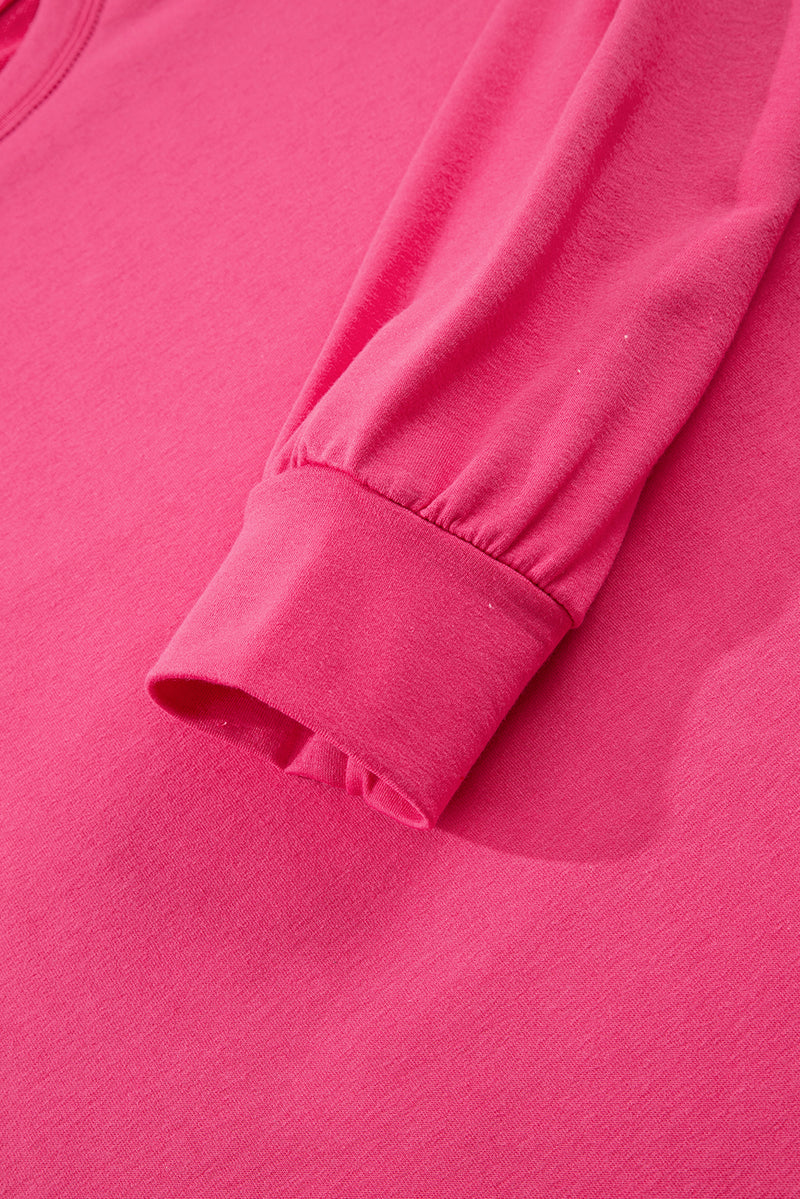 Dark Pink Floral Hemline Patchwork Round Neck Casual Top