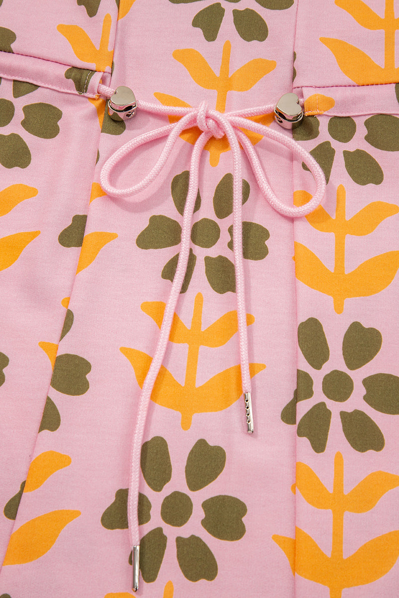 Floral Print Zip Neck Striped Patchwork Long Sleeve Drawstring Dress