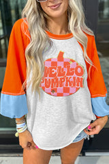 HELLO PUMPKIN Patched Graphic Colorblock Bubble Sleeve Raglan Top