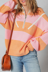 Stripe Colorblock Half Zip Oversize Sweater