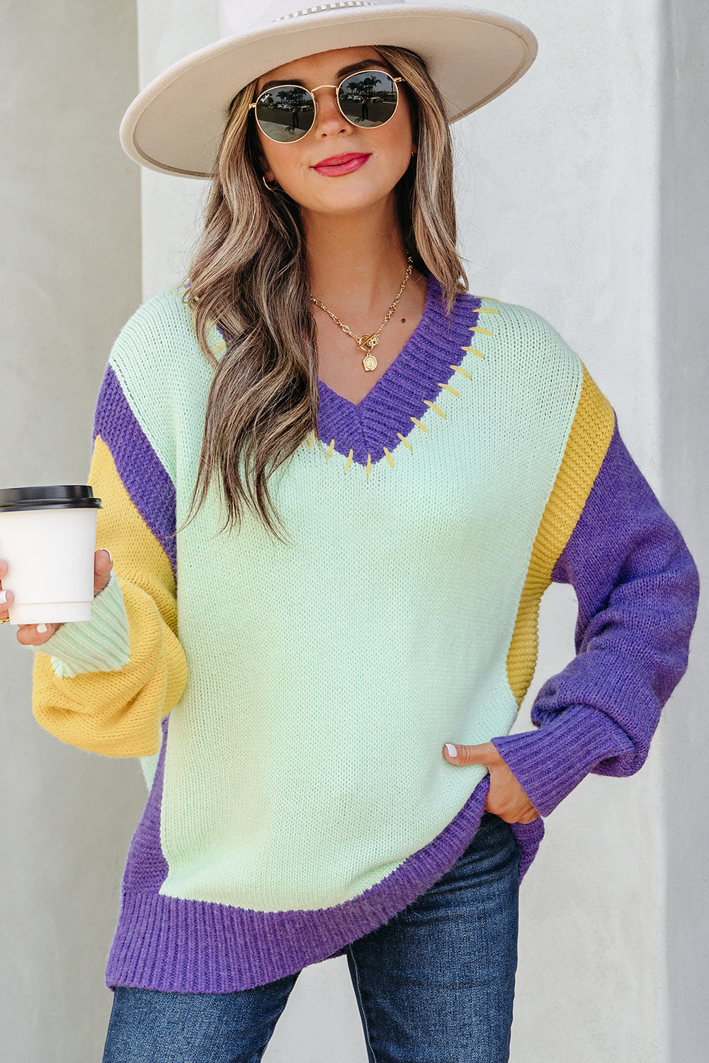 Stitched V Neck Color Block Knitted Drop Shoulder Sweater