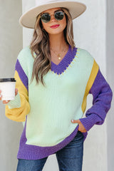 Stitched V Neck Color Block Knitted Drop Shoulder Sweater