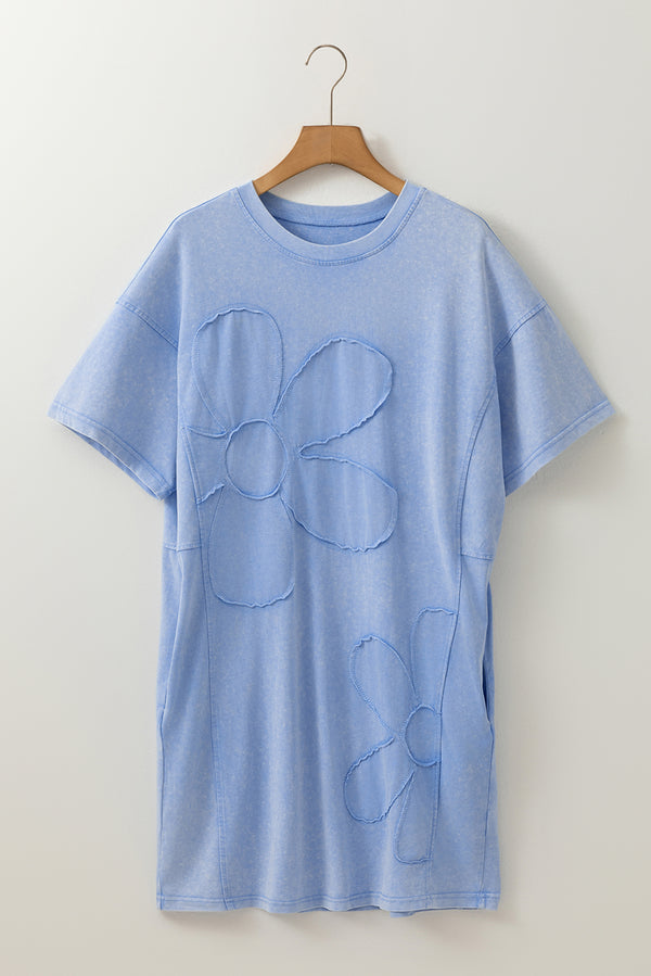 Mineral Wash Flower Patchwork Mini T Shirt Dress