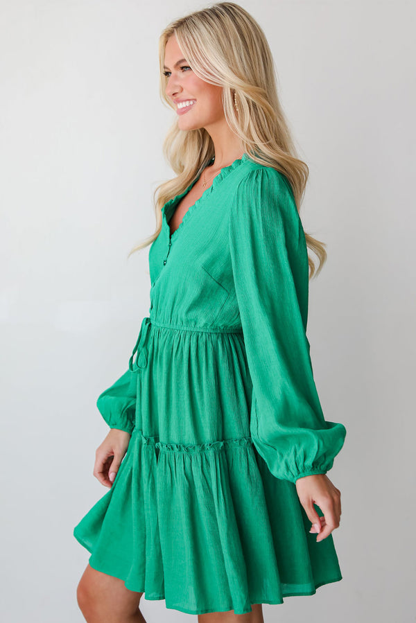 Frilly V Neck Puff Sleeve Drawstring Shift Mini Dress
