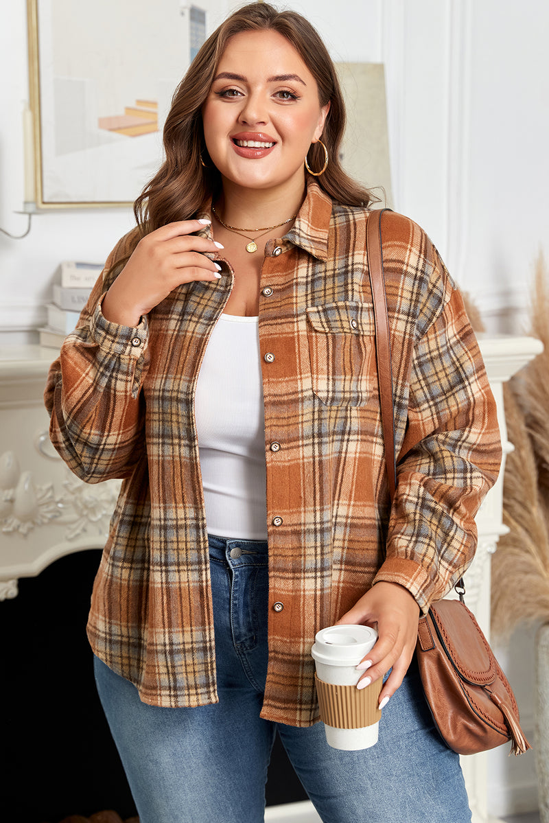 Plaid Print Flap Pocket Buttoned Plus Size Shacket