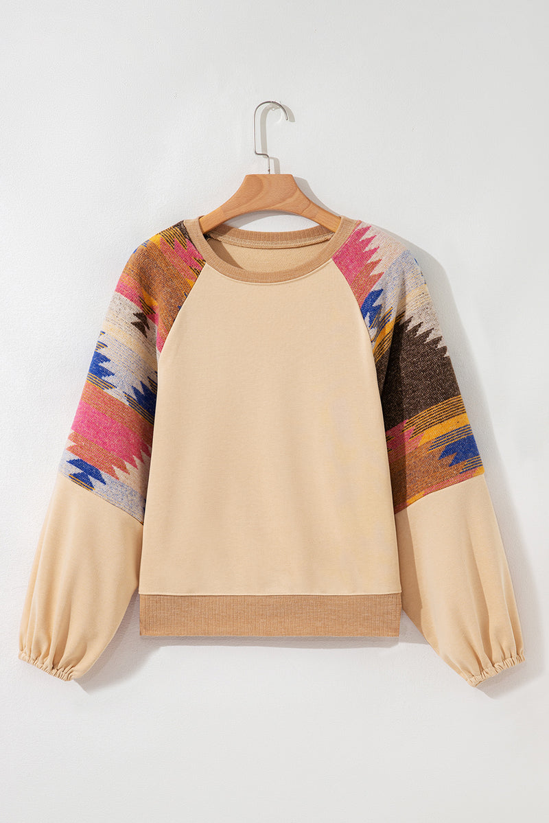 Light French Aztec Patchwork Raglan Pullover Sweatshirt