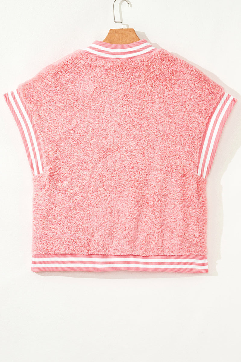Pink Varsity Striped Banding Patchwork Winter Plush Vest